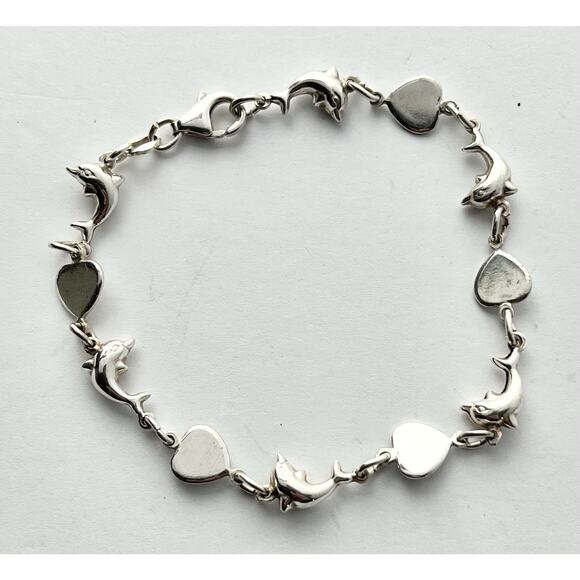 .925 Sterling Silver Puffed Dolphin & Hearts Link Bracelet, Italy 7” - Picture 2 of 5